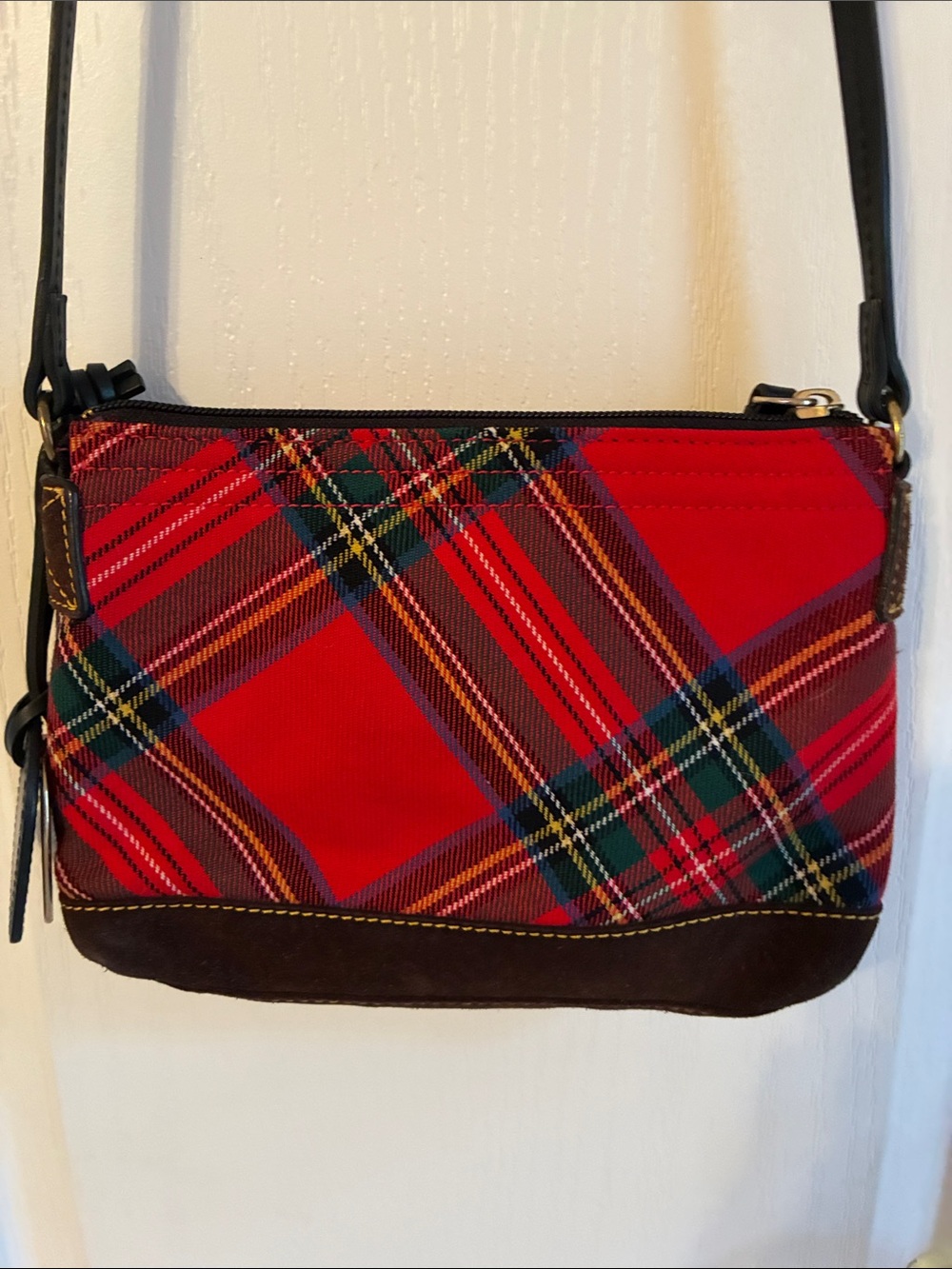 Dooney & Bourke Red Plaid Tartan Crossbody Bag Black Trim brown suede - Picture 2 of 11